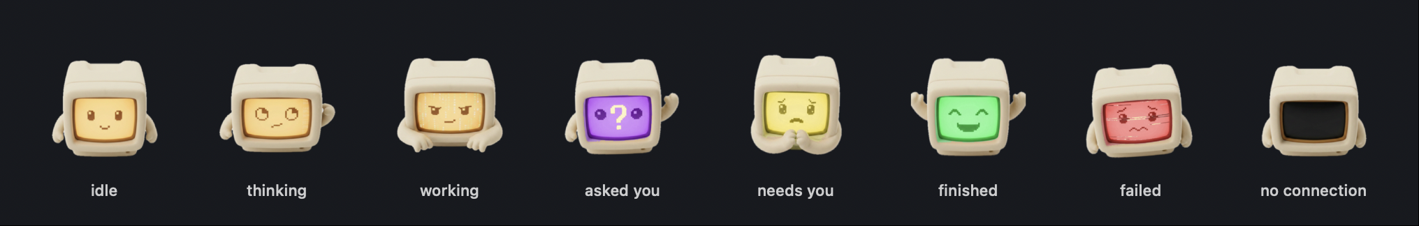 The eight states in a row: idle, thinking, working, asked you, needs you, finished, failed, no connection