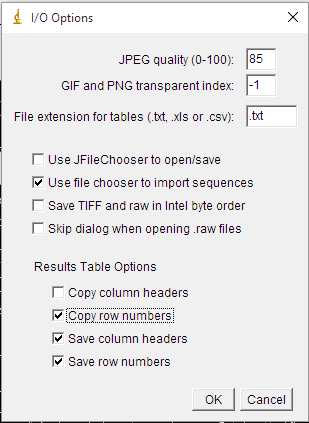 Figure 6. ImageJ I/O options window