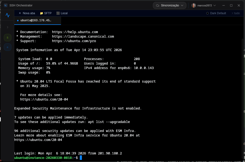 Sessão SSH ativa com terminal e split-pane