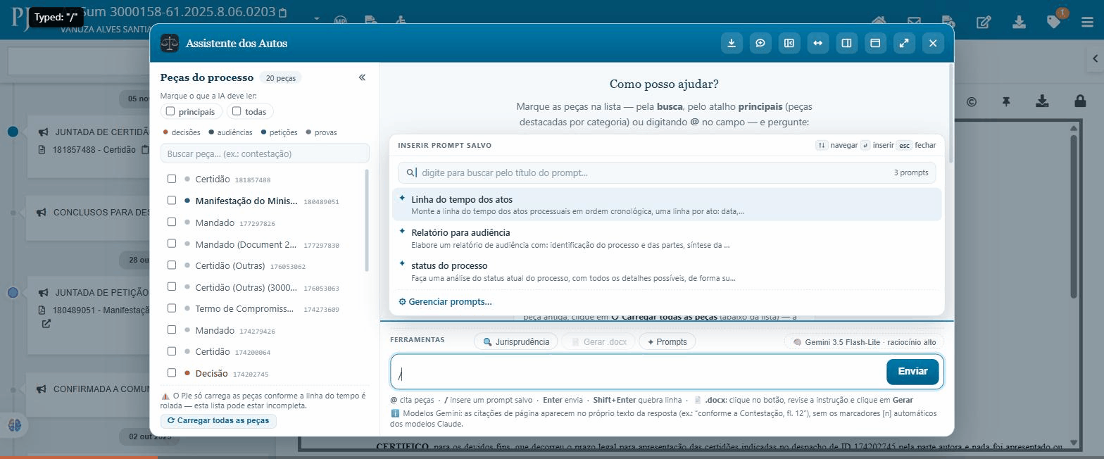 Biblioteca de prompts: digitar / abre o popup de prompts salvos, a busca filtra pelo título e o prompt escolhido vira um chip acima do campo de mensagem