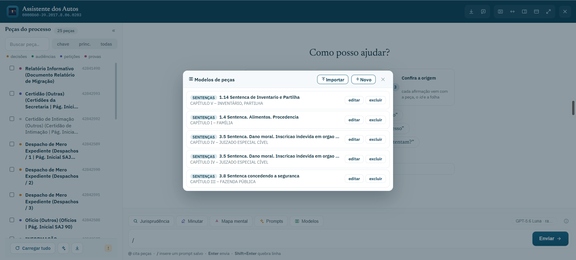 Biblioteca de modelos de peças: as peças-modelo agrupadas por espécie, cada uma com a categoria, o título e a descrição, e os botões Importar (vários .docx de uma vez) e Novo
