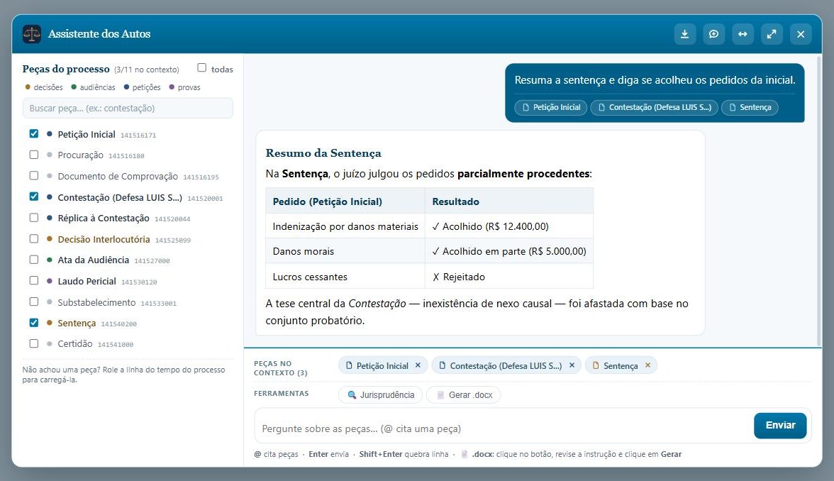 Painel expandido: peças categorizadas por cor, chips de contexto e resposta em tabela