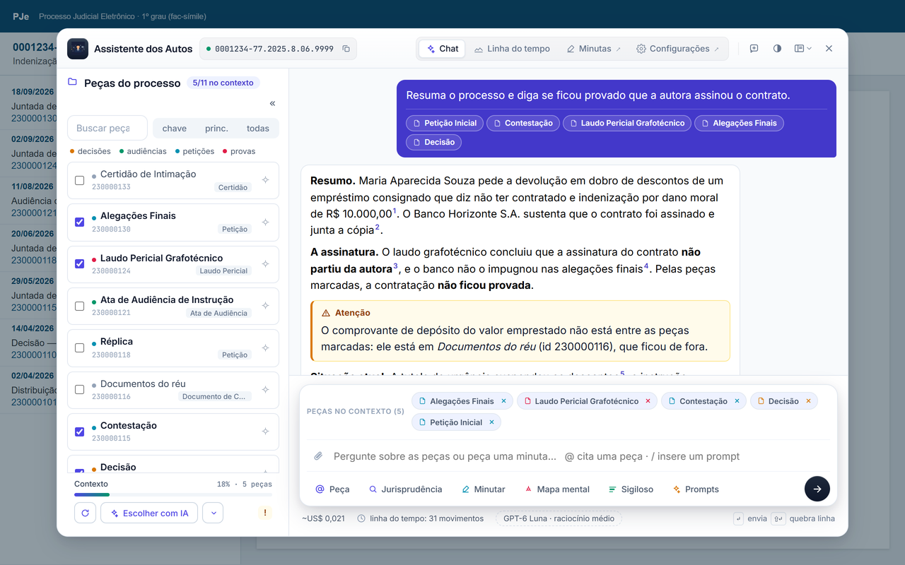 O painel sobre a tela de autos do PJe: as peças do processo à esquerda, cinco marcadas; a pergunta e a resposta com a origem de cada afirmação em sobrescrito, e um aviso em bloco sobre a peça que ficou de fora