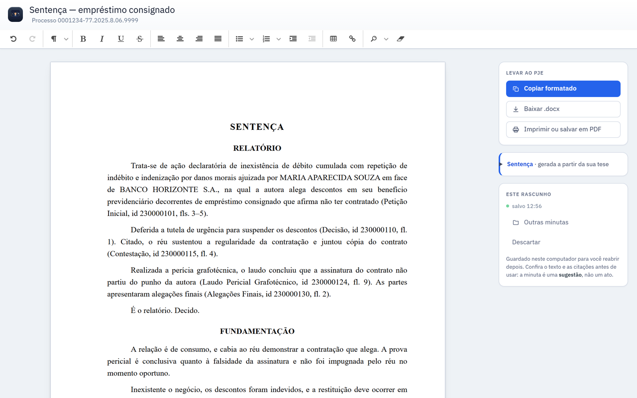 A minuta no editor: a sentença em folha A4 com a origem de cada fato, e ao lado Copiar formatado, Baixar .docx e Imprimir, com a marca de que foi gerada a partir da tese de quem assina