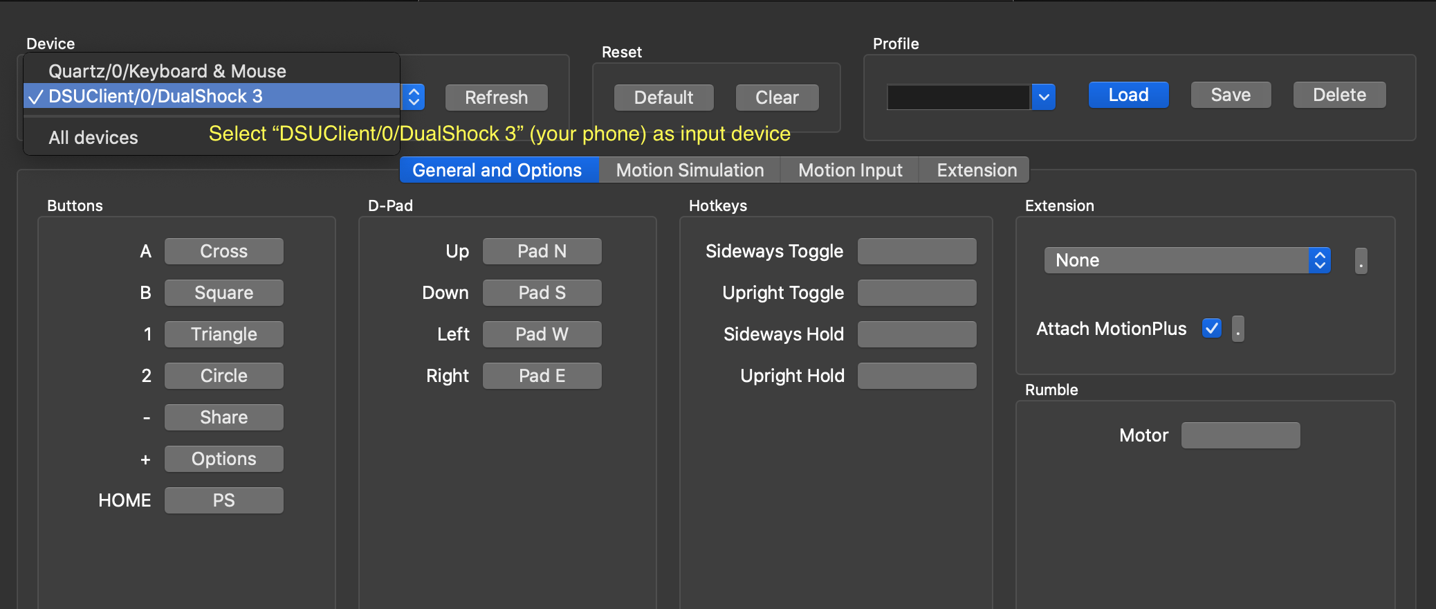 Screenshot of controller configuration