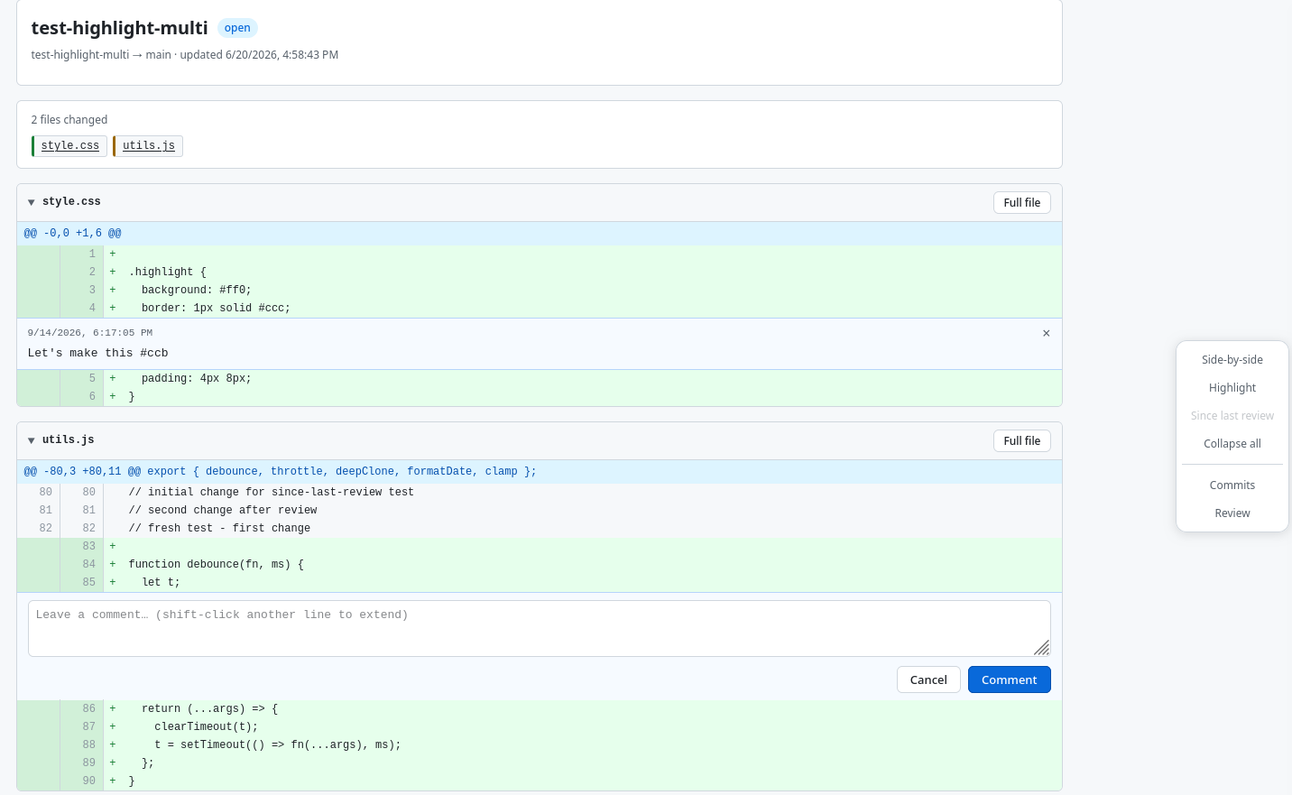 Light Mode: Diff with comments inline Light Mode: Diff view with comments inline