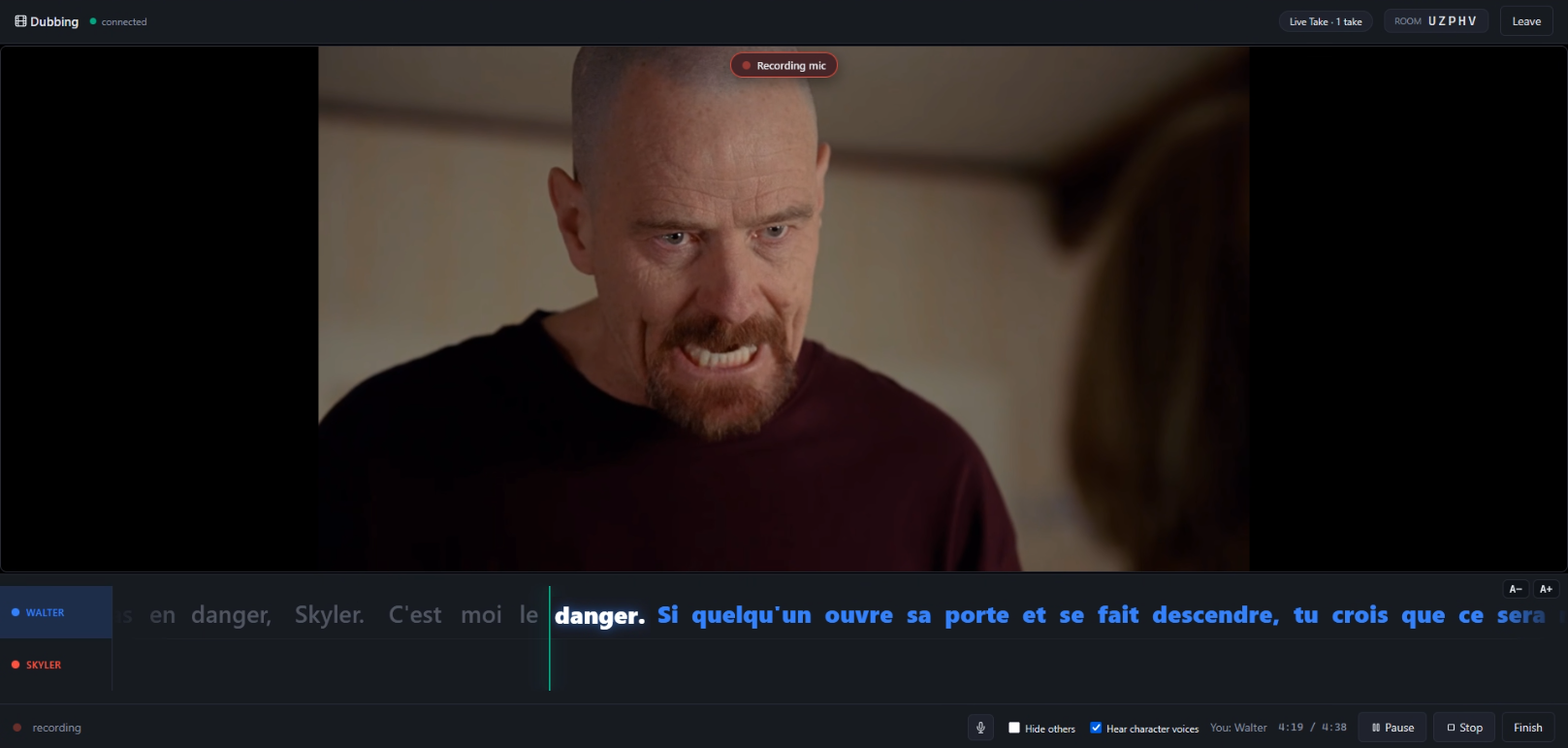 Dubbing a scene live in the browser — the video plays while a rhythmo band scrolls the line word by word