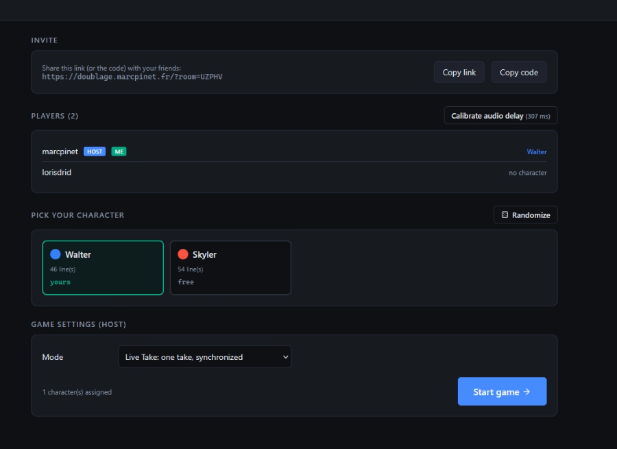 The lobby — share the invite link, pick a character (or let the host randomize), calibrate your audio delay, and the host picks the mode and starts the game