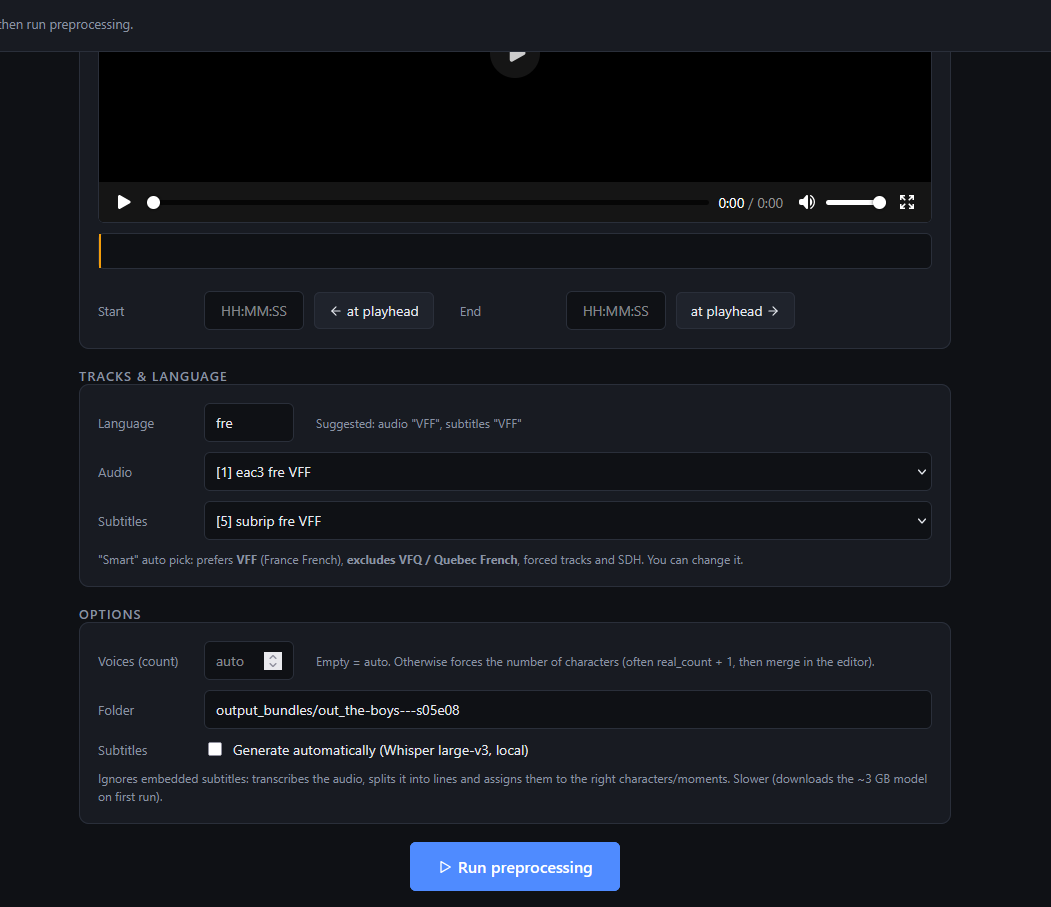 Source screen — set the crop, pick the audio/subtitle tracks (smart auto-pick prefers VFF and skips VFQ/forced/SDH), or auto-generate subtitles with Whisper (here: a French example, but the language is configurable)