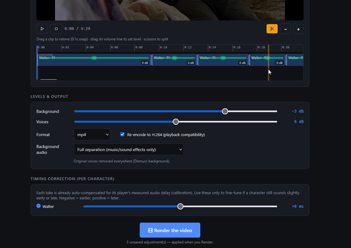 Assembly screen — a per-take timeline (drag to retime, scissors to split), background/voice levels, container + re-encode, and per-character timing correction (French example)
