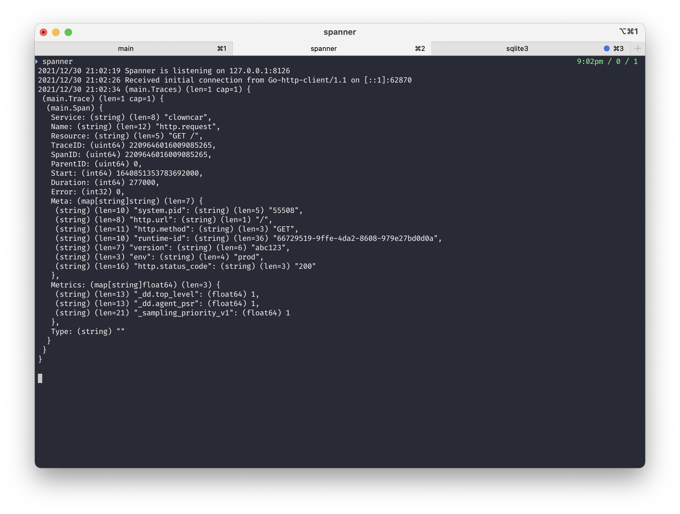 A screenshot of a terminal with Spanner running