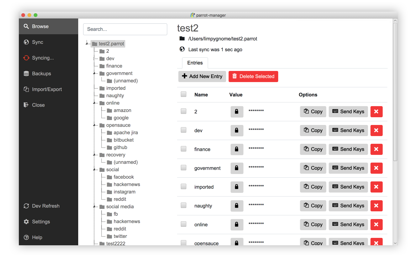 Parrot manager window