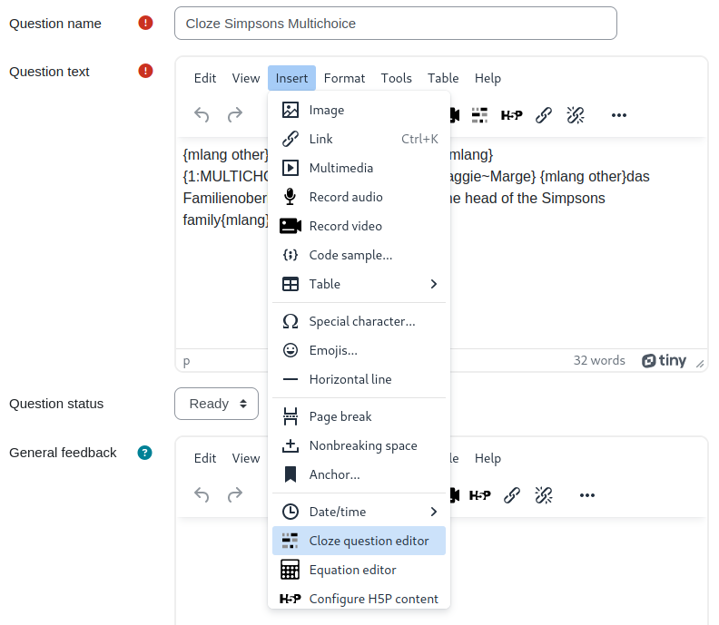 editor menu for cloze questions