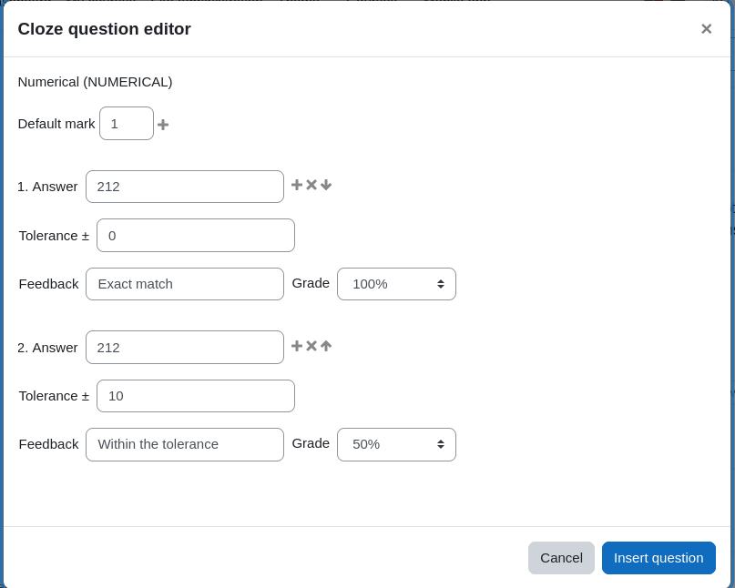 Screenshot with dialogue to edit numerical question