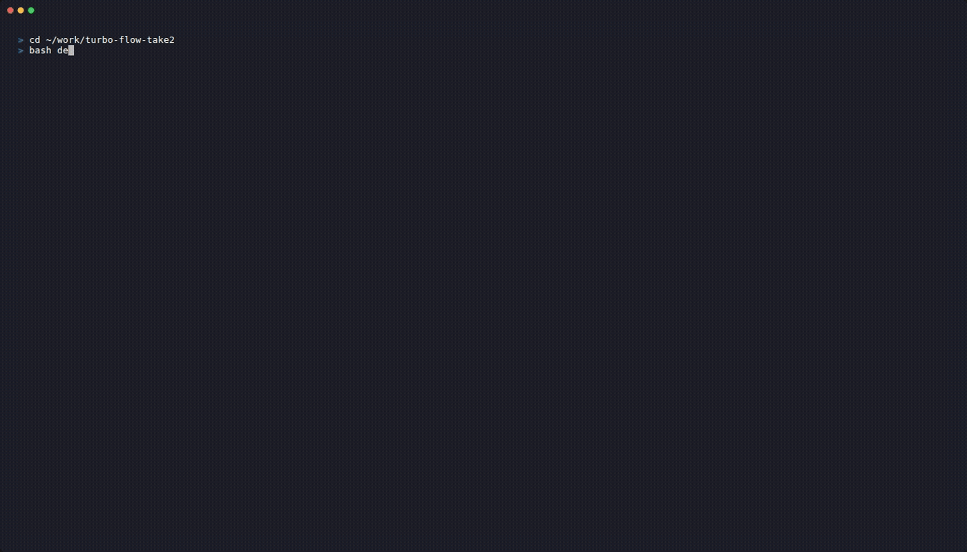 turbo-flow running the real codespace_setup.sh chain, then a live tmux tour and claude launch