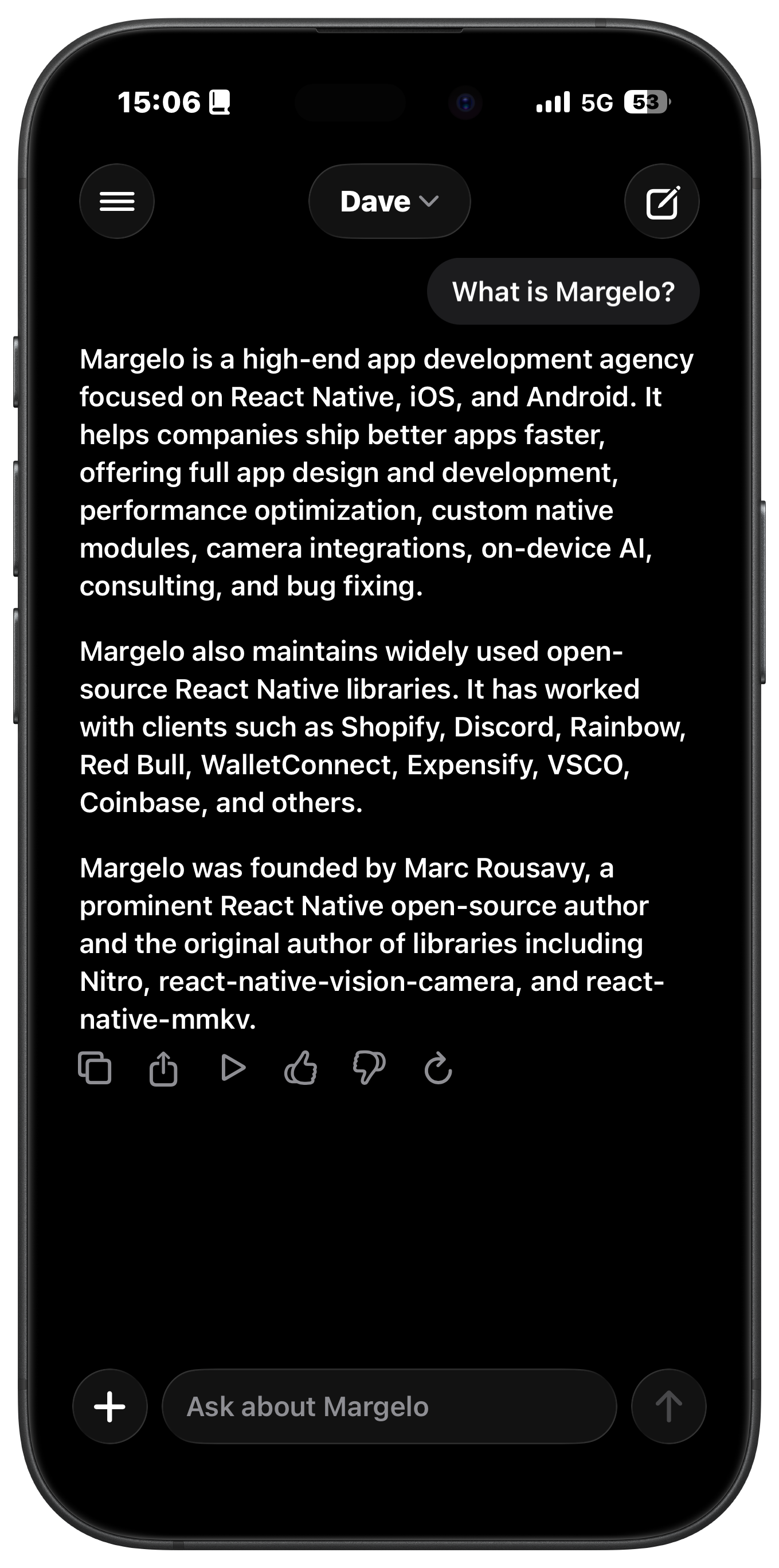MargeloChat running on iPhone 16