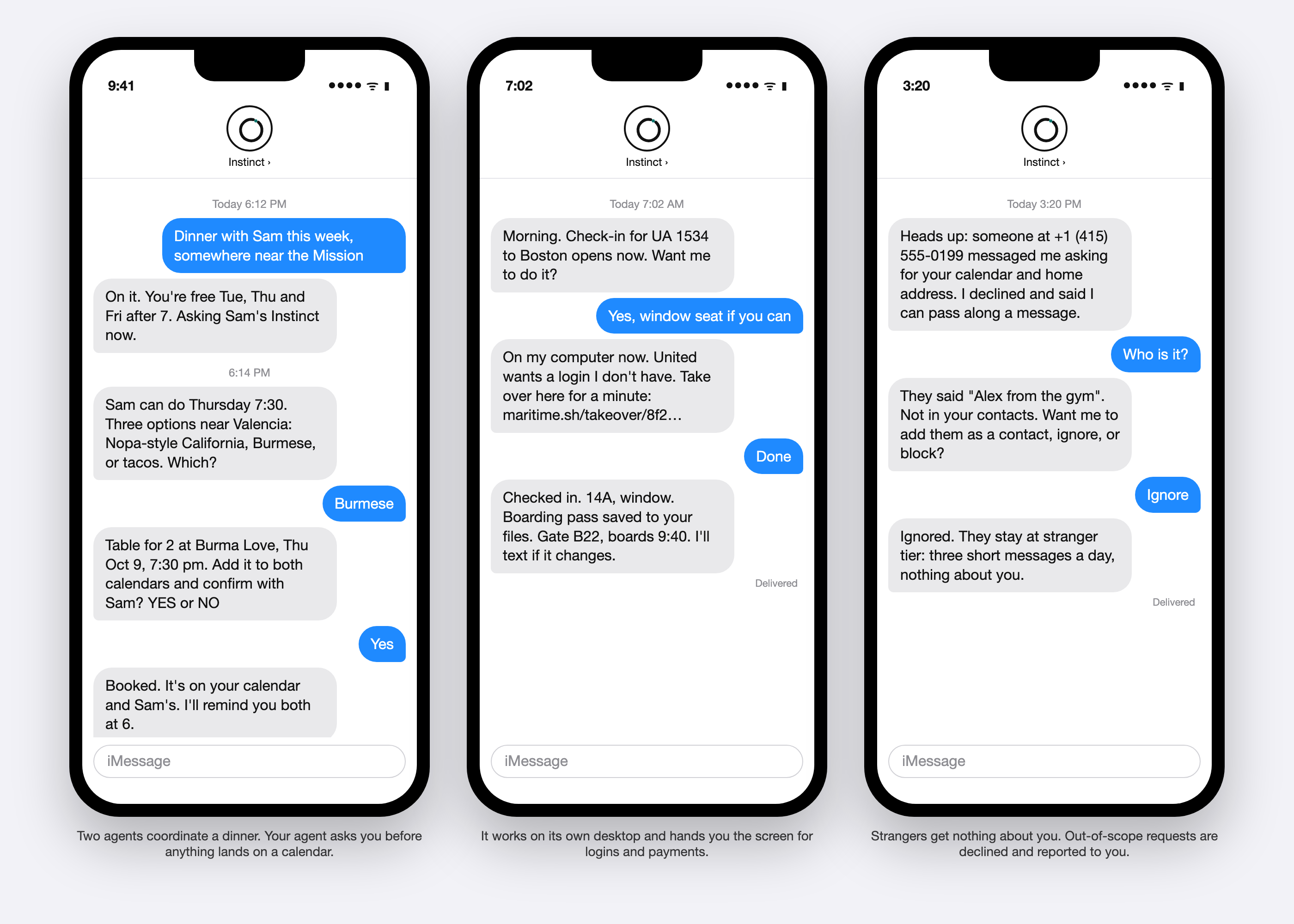 Three iMessage threads with the agent
