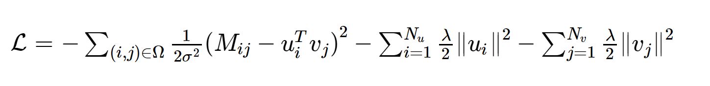 equation 1: L=−∑(i,j)∈Ω12σ2(Mij−uTivj)2−∑Nui=1λ2∥ui∥2−∑Nvj=1λ2∥vj∥2