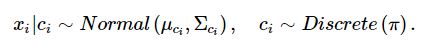 equation_2: xi|ci∼Normal(μci,Σci),ci∼Discrete(π).