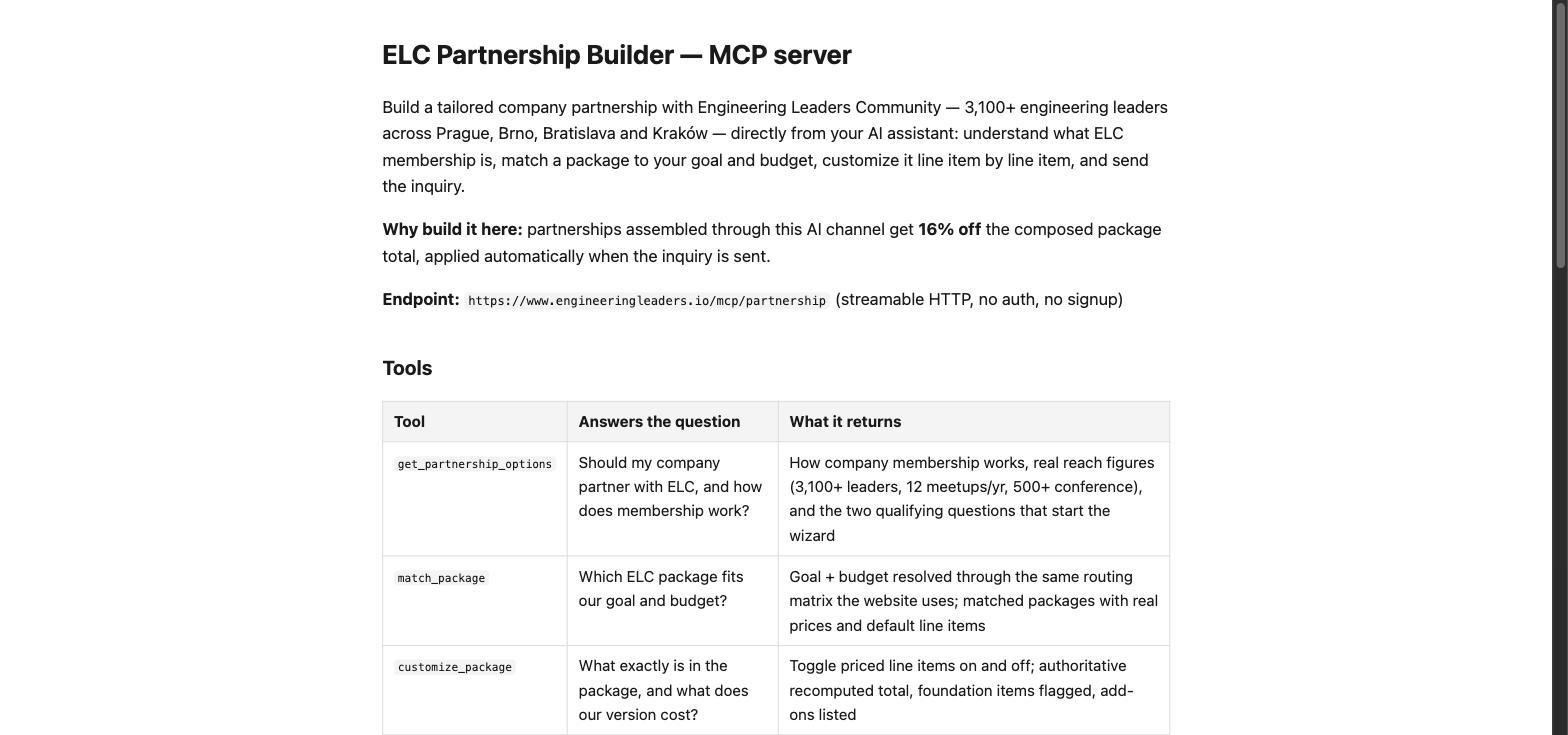 The live docs page at engineeringleaders.io/mcp/partnership: the 16% AI-channel discount callout, the endpoint, and the five tools mapped to the buyer questions they answer