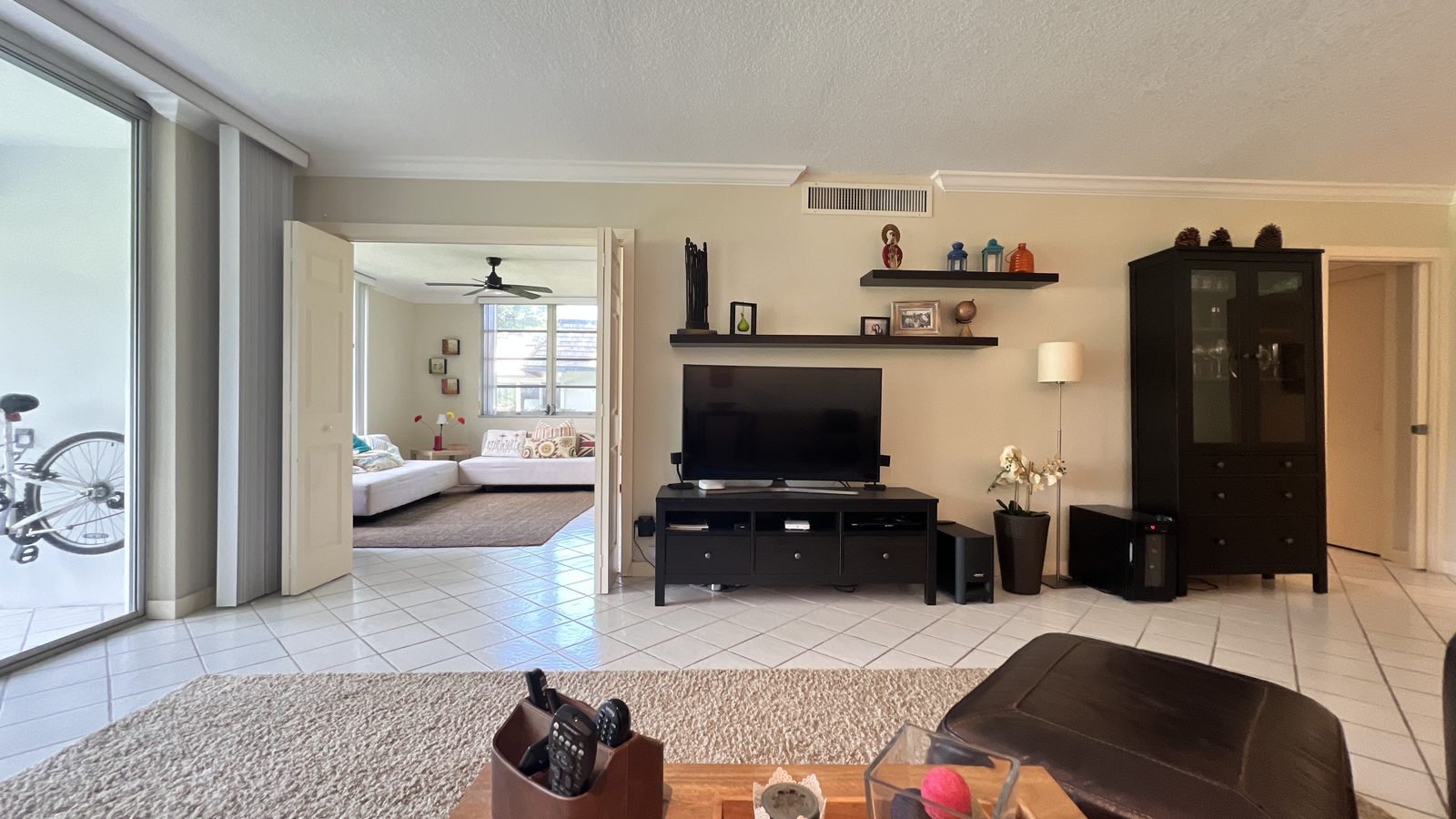Living area with TV and built-in shelving