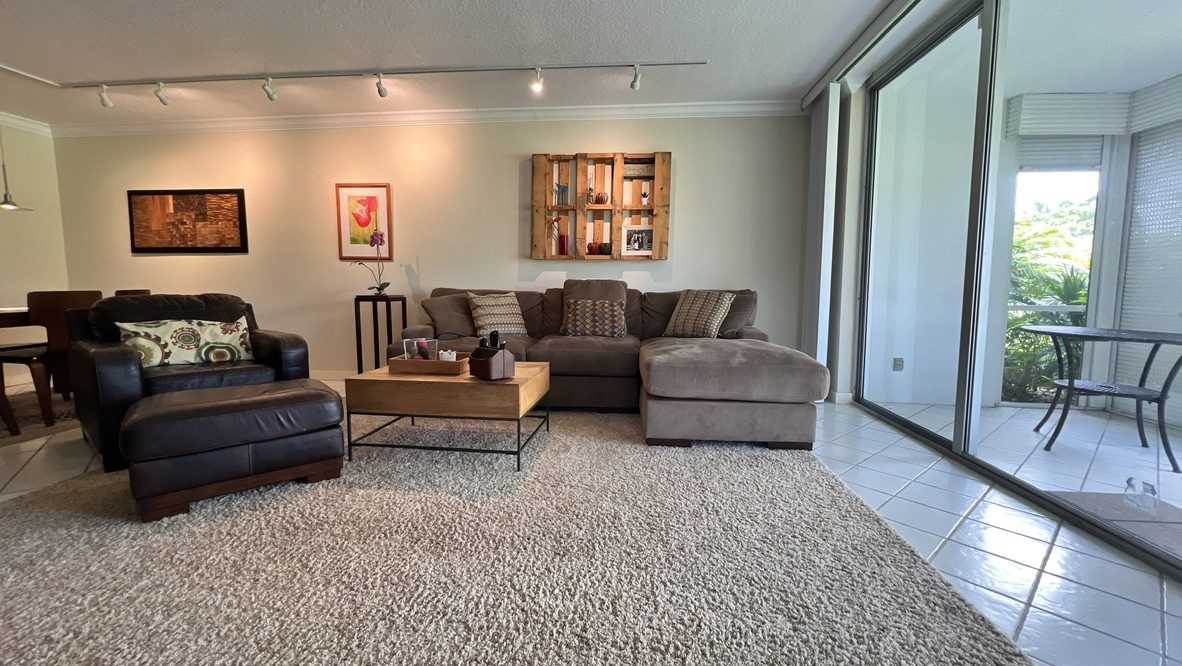 Living room seating area with leather sectional