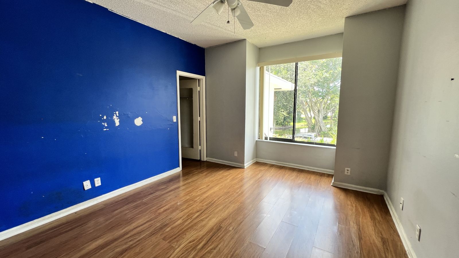 Bedroom with blue accent wall