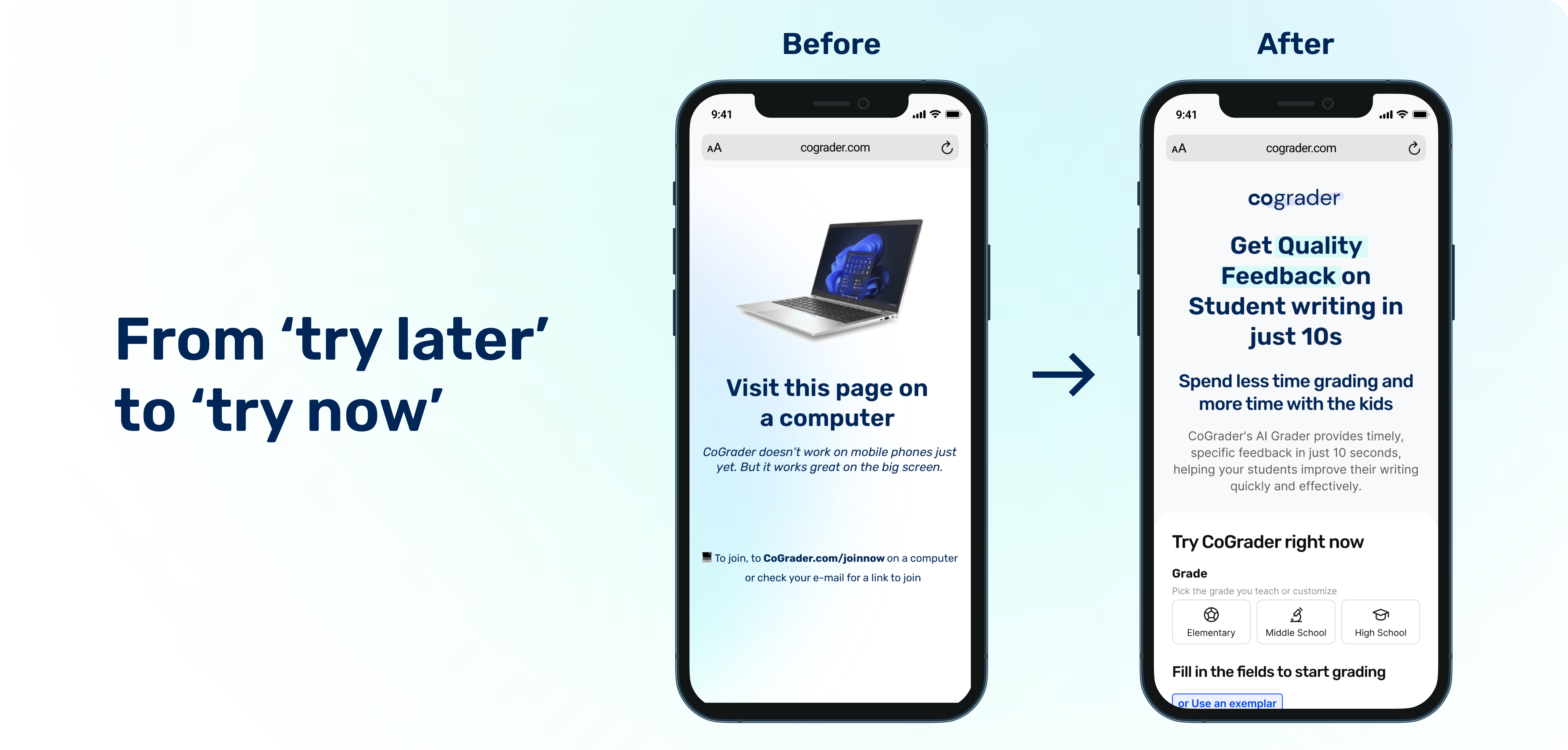 Before and after: desktop-only redirect vs responsive demo