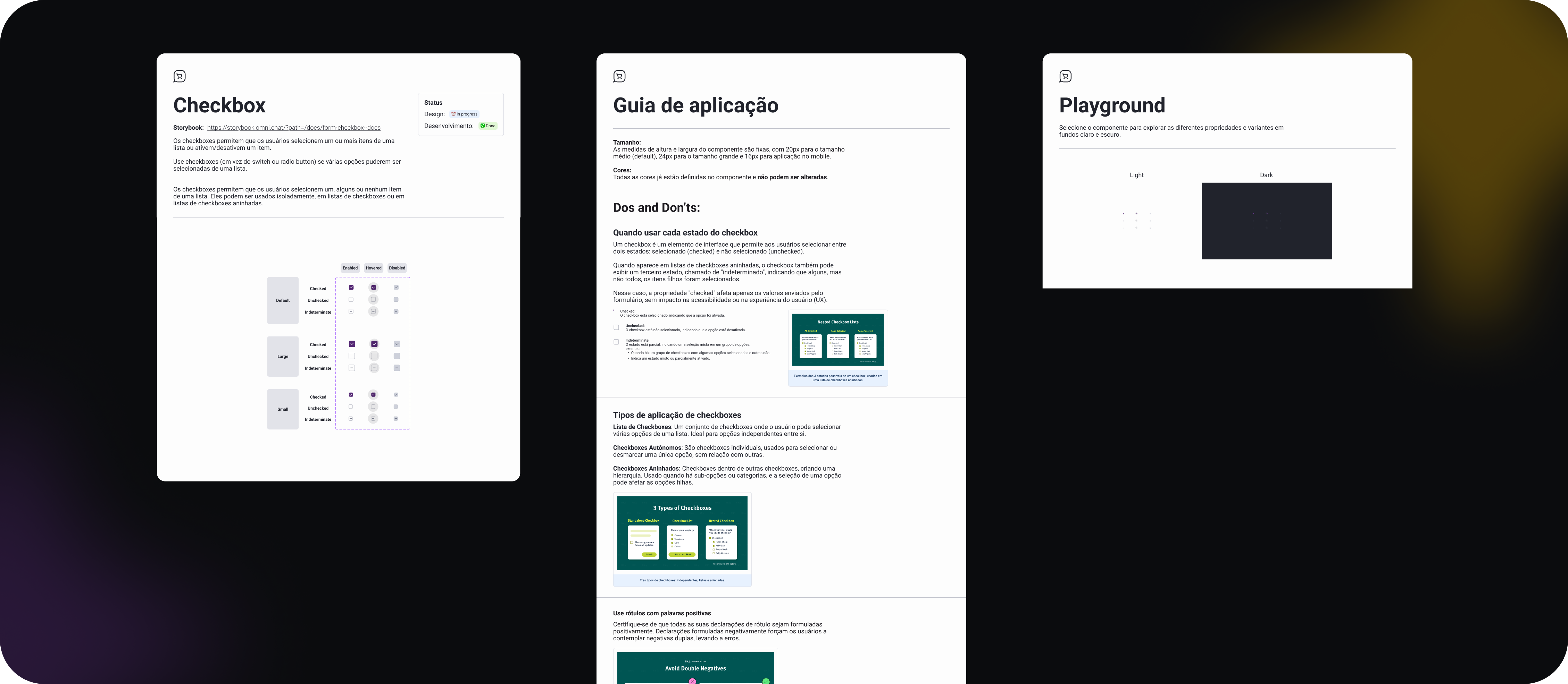 Component documentation template showing usage guidelines, variants, states, and implementation status