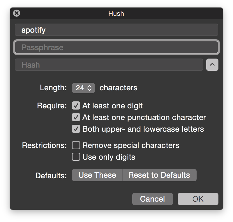 Screen shot of Hush's options