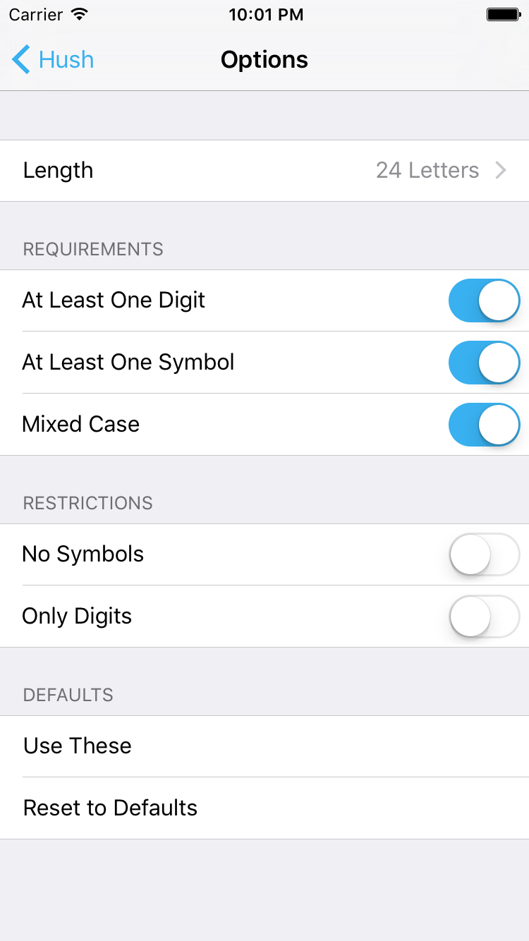 Screen shot of Hush's options on iOS