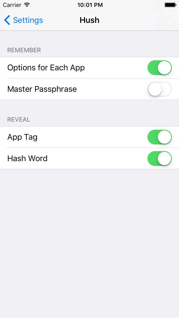 Screen shot of Hush's preferences on iOS
