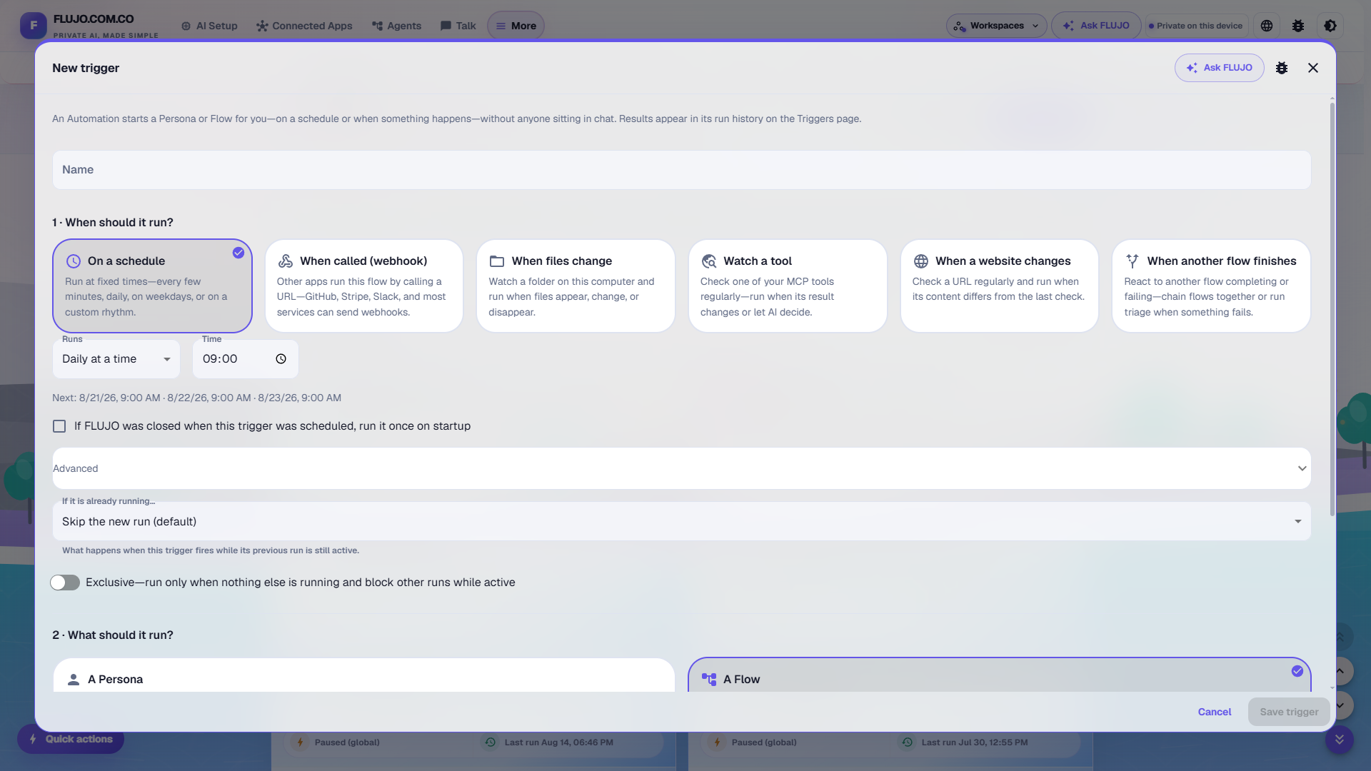 New Automation Trigger — Schedule, Webhook, File, Tool, Website, or Flow