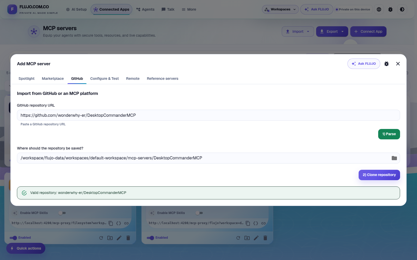 The GitHub connection form recognizes DesktopCommanderMCP and shows its clone destination