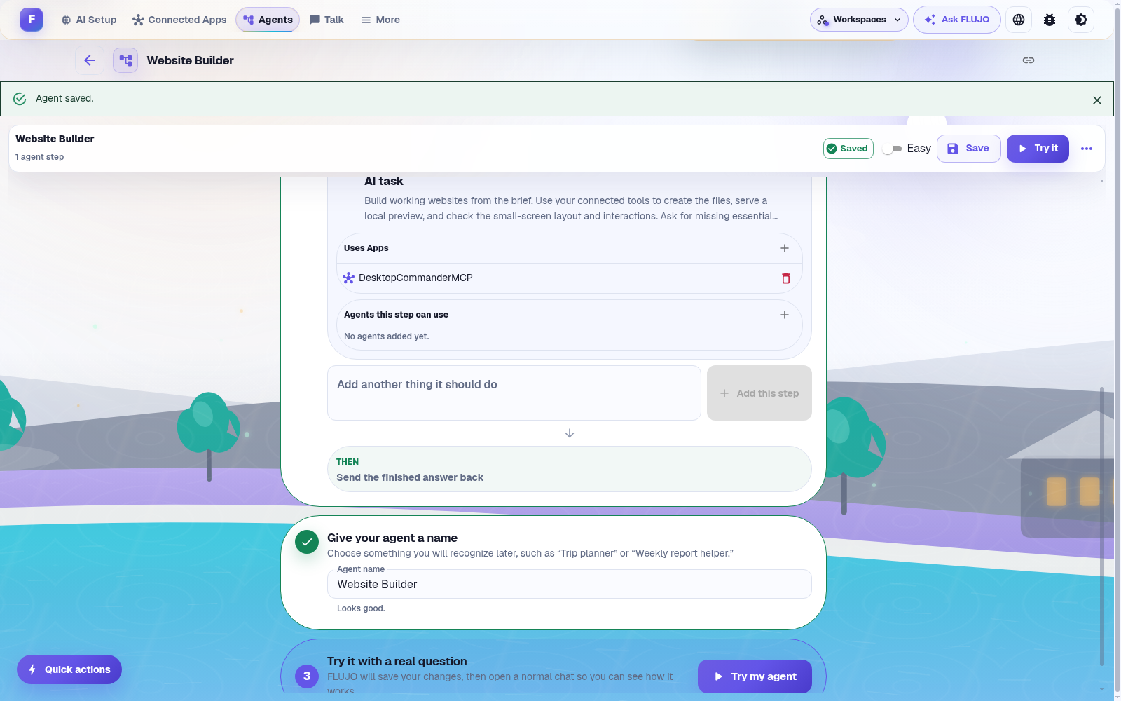 A saved agent in the Easy builder, with its AI task and connected app