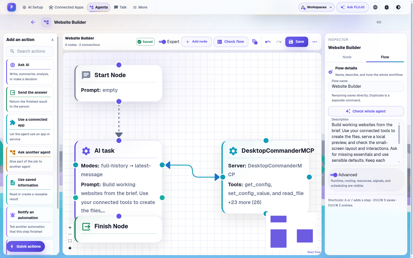 The same saved agent in Expert view, with Start, AI task, connected app and Finish nodes