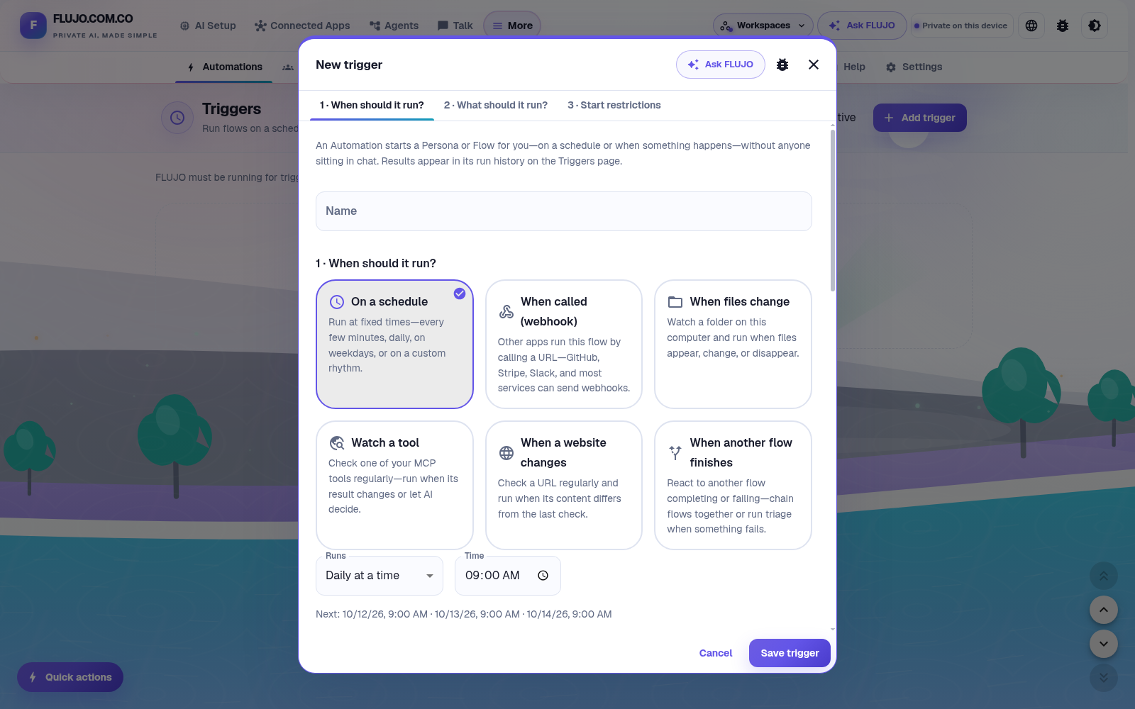 The New trigger form offers schedule, webhook, file, tool, website and flow-event options