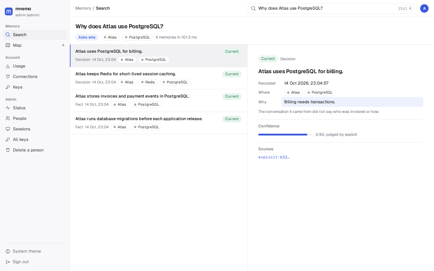 mnemo search showing a project decision, its reason and related entities