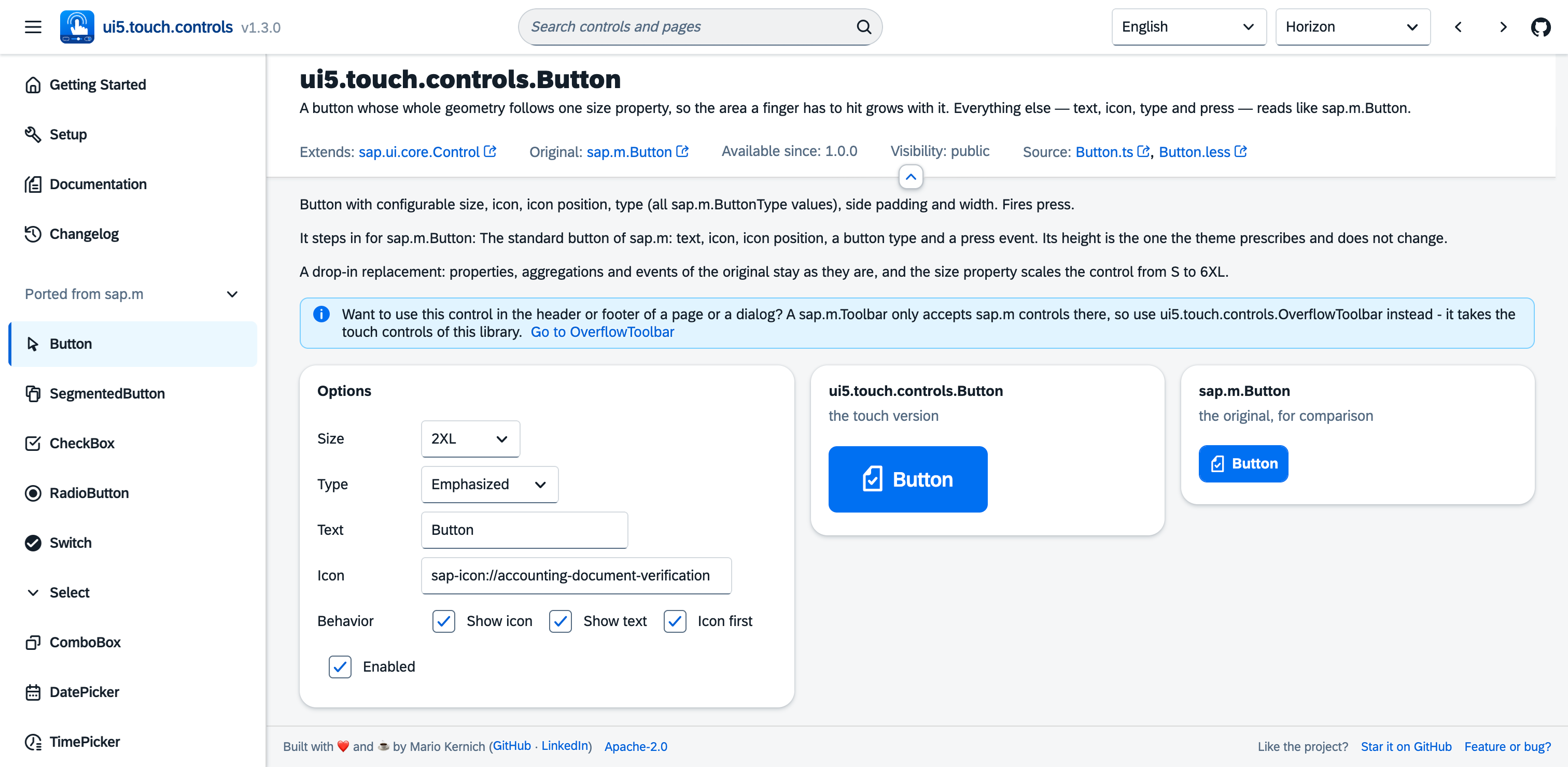 Screenshot of the ui5.touch.controls library