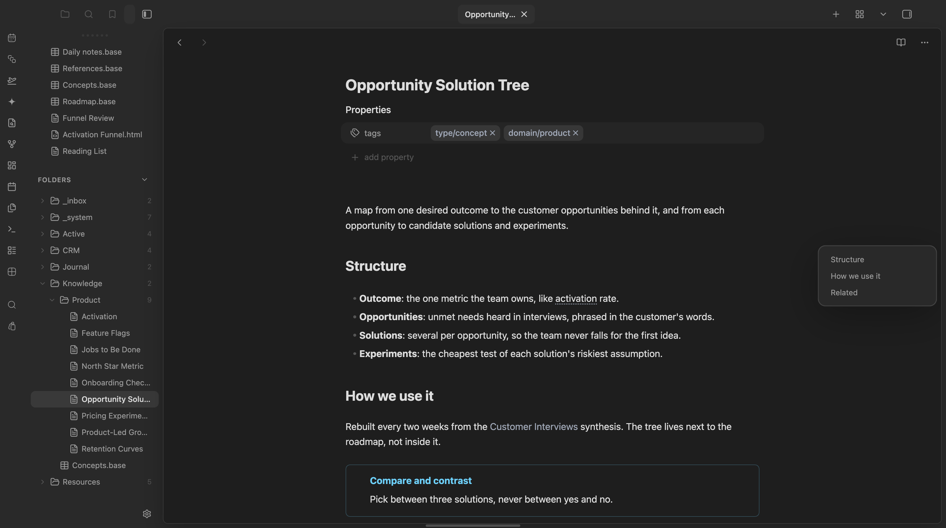 Composer screenshot — Composer outline panel expanded next to a note