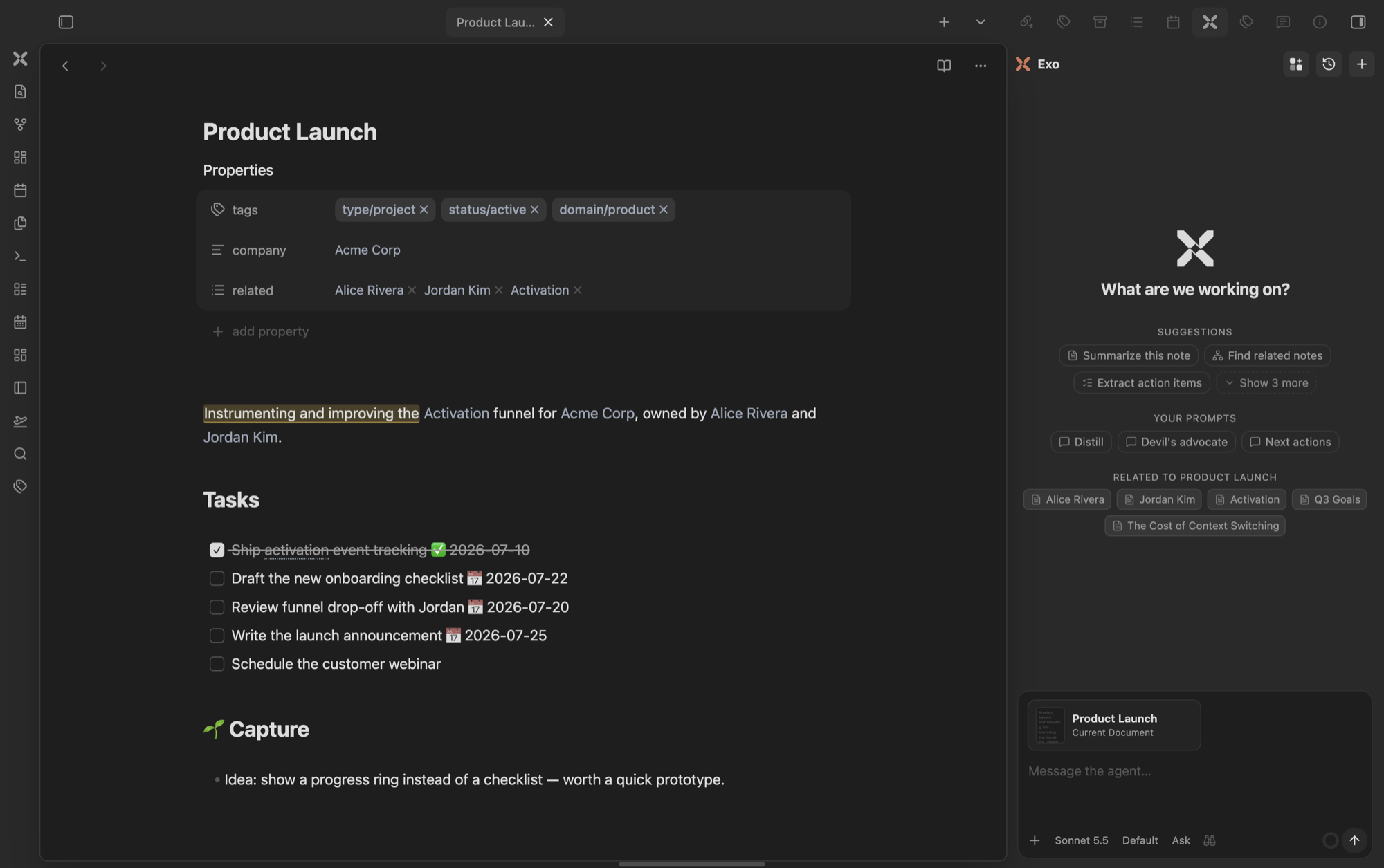 Exo in the sidebar next to a note: the new-chat empty state with suggestions, your prompts, and notes related to the open note
