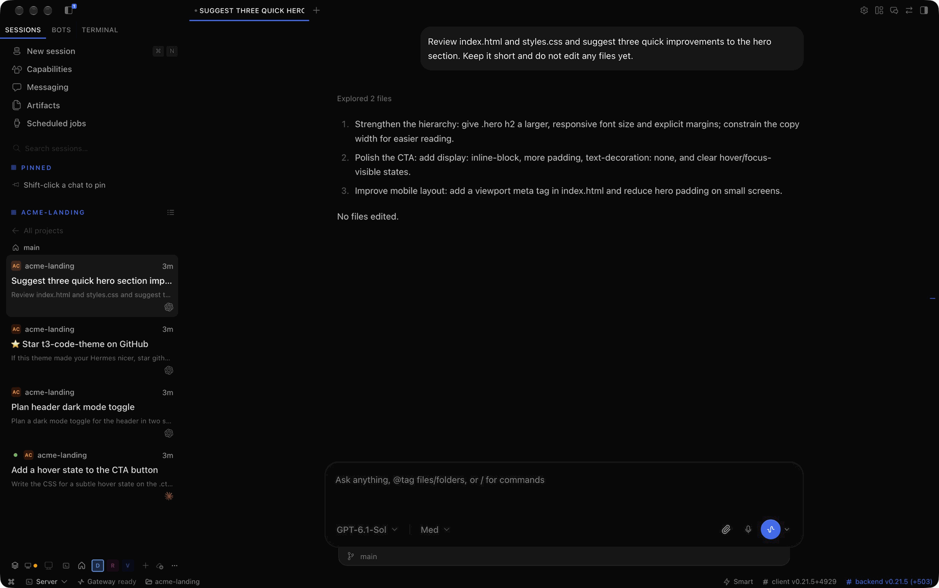Chat in the T3 Code theme