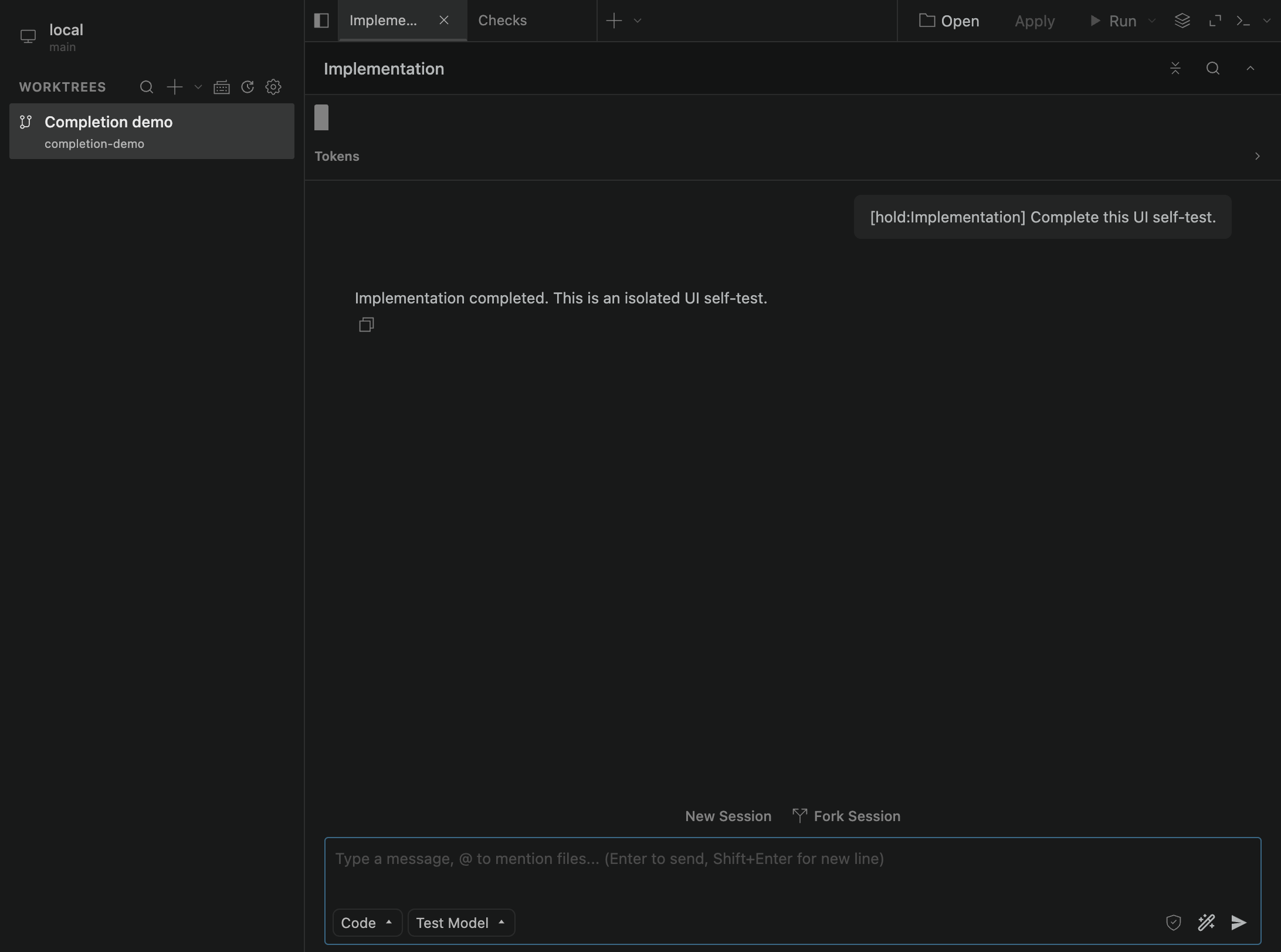Opening Implementation clears the session and worktree completion badges