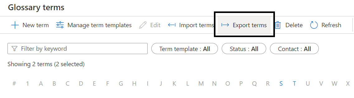 Glossary terms export option