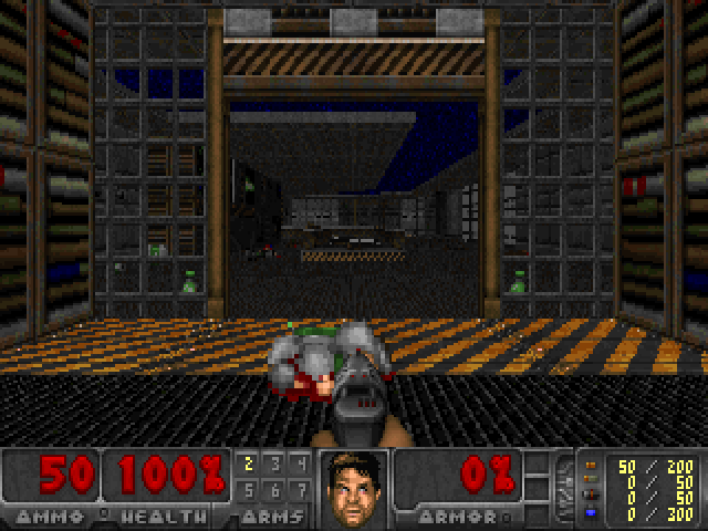 E1M1 rendered by Firebird: the opening room, a dead zombieman and the status bar