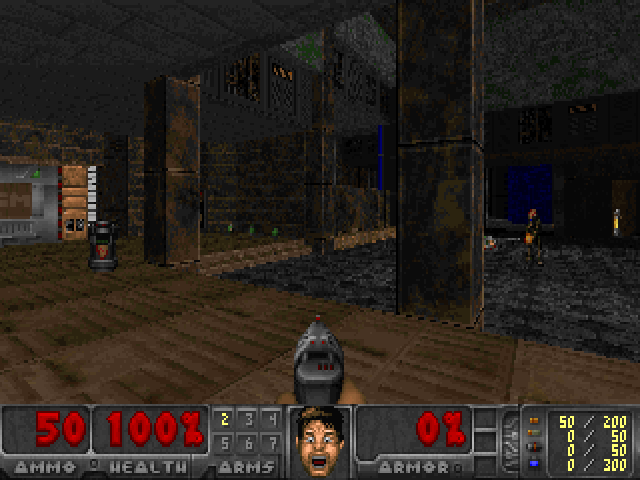 E1M2: pillars, steps and a lit doorway