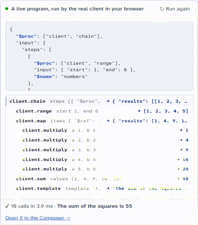 A program of ten calls runs in the browser: the trace shows each call as it happens