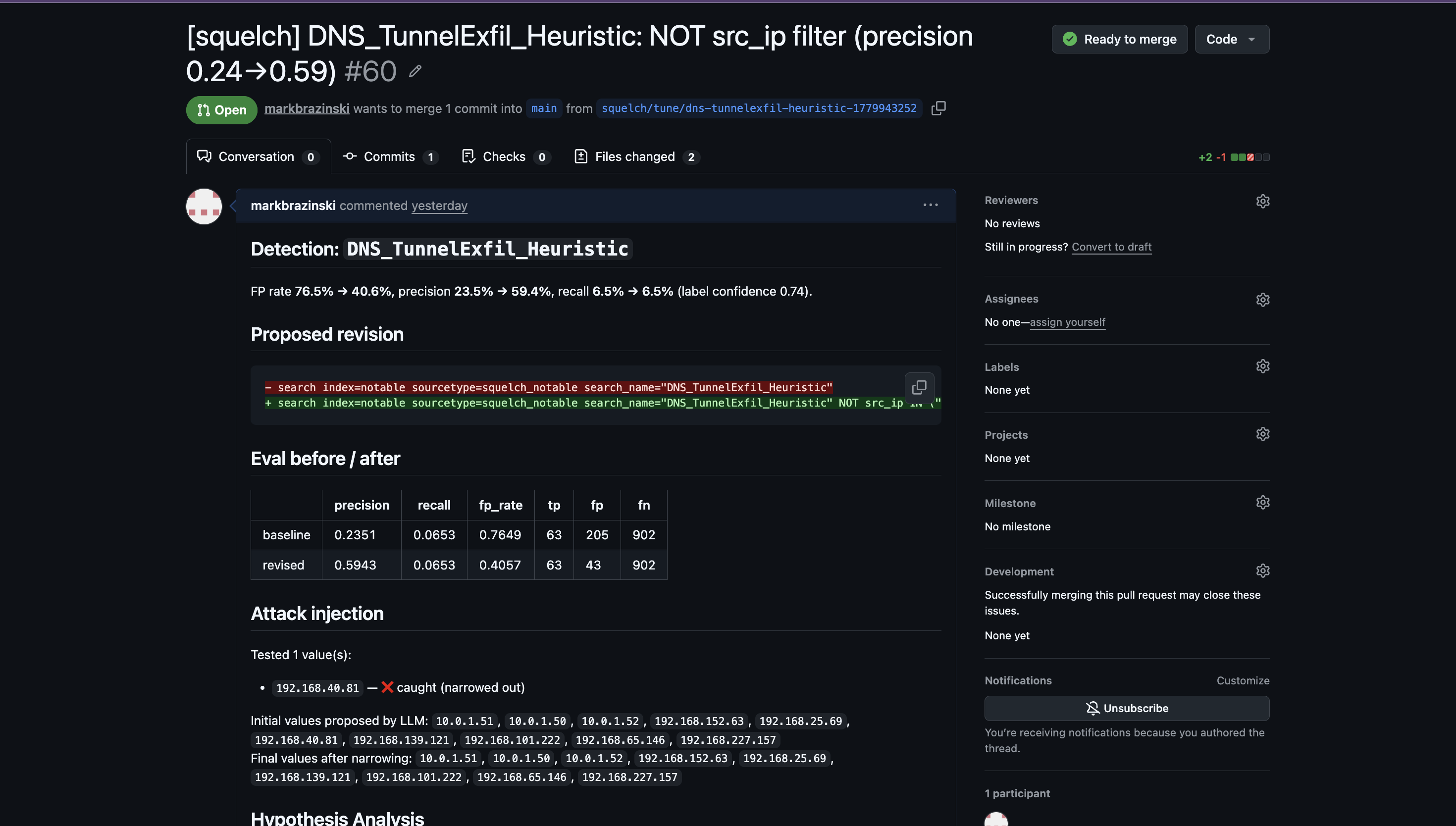 DNS PR #60 — SPL diff, eval before/after, attack injection results showing 192.168.40.81 caught and narrowed out, 10 IPs proposed → 9 shipped
