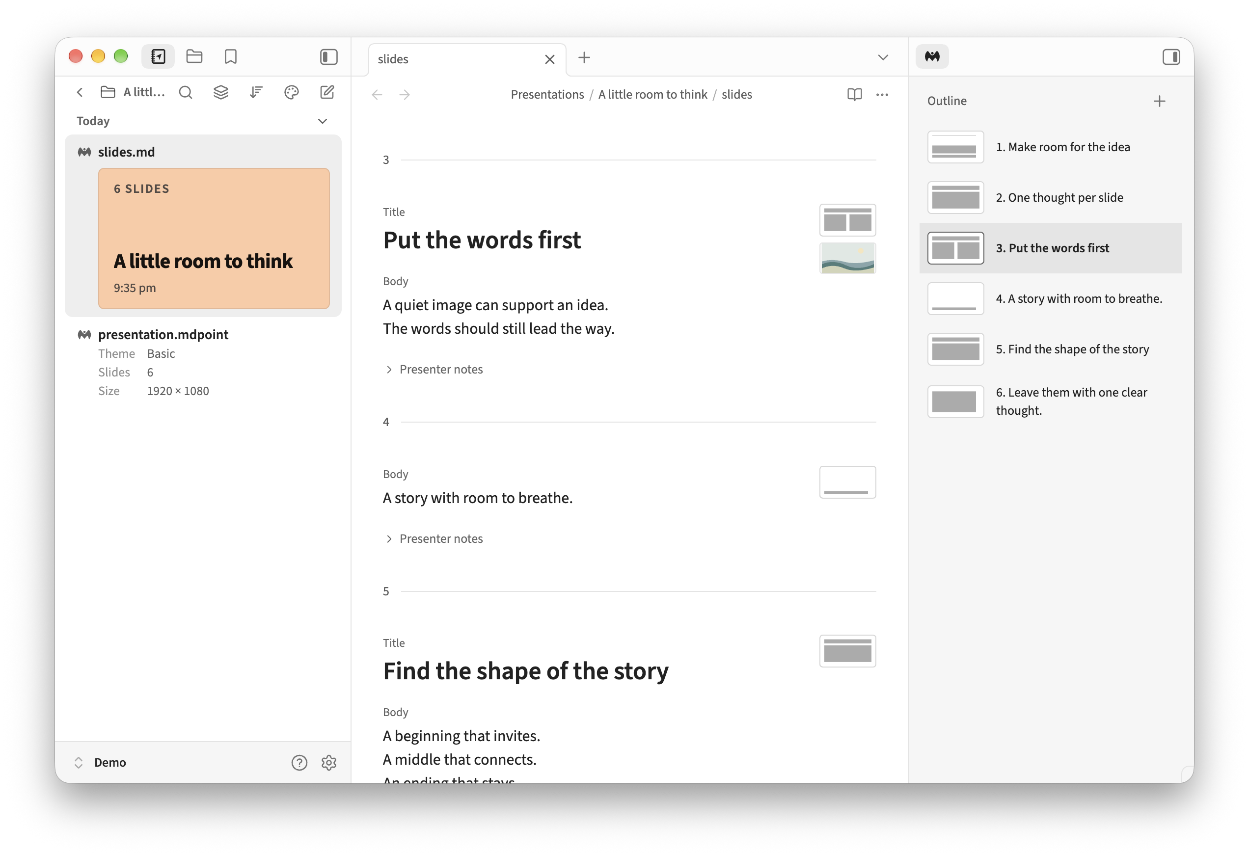 A slide’s image preview beside the writing area