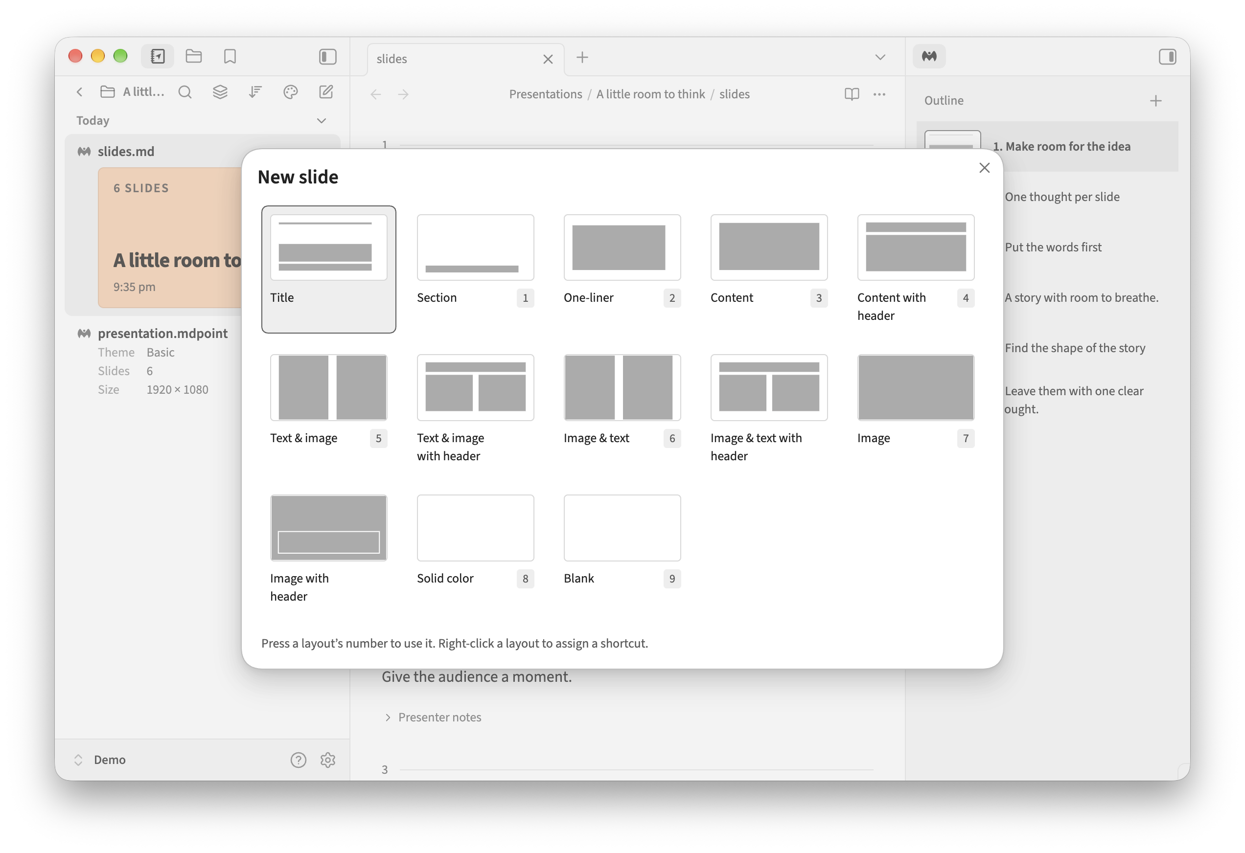 The layout picker with number shortcuts